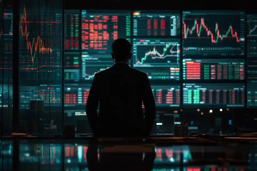 A Director’s Cut video made with Vidsly: a figure watches a wall of trading screens in a dark room