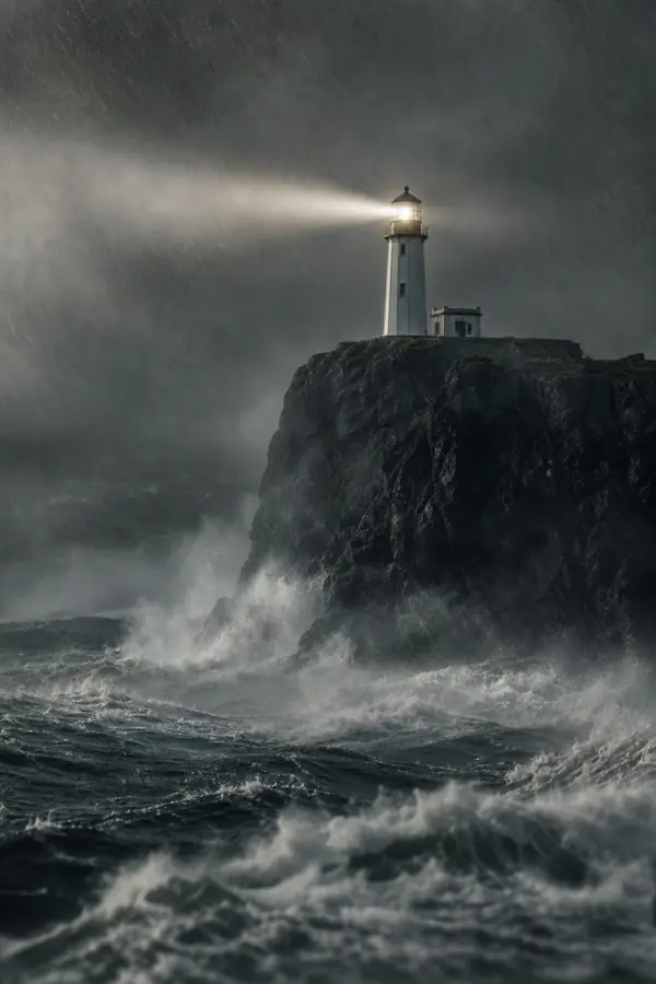 A lighthouse beam cuts through a storm over a violent sea