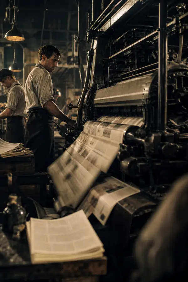 A 1920s press room mid-run, papers flying off the rollers