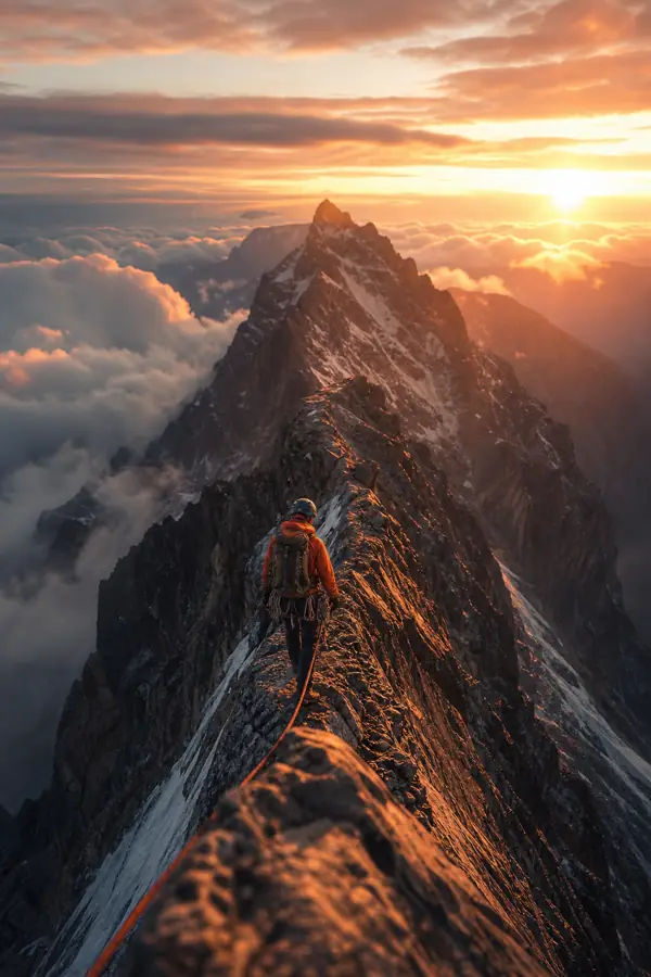 A climber holds a knife-edge ridge above the clouds at sunrise