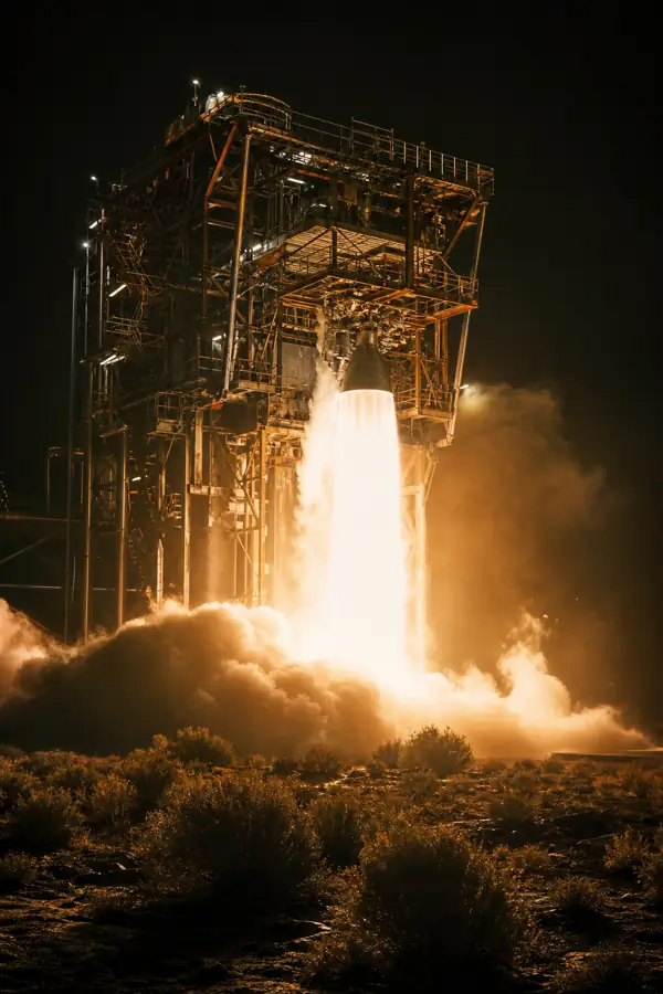 A rocket engine test fires at night on a desert stand