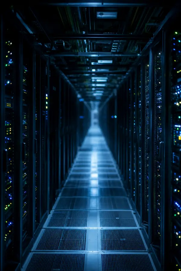 A tracking shot down a cold blue aisle of server racks